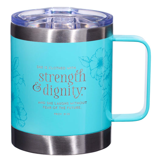 Strength & Dignity Teal Camp-style Stainless Steel Mug - Proverbs 31:25 - The Christian Gift Company