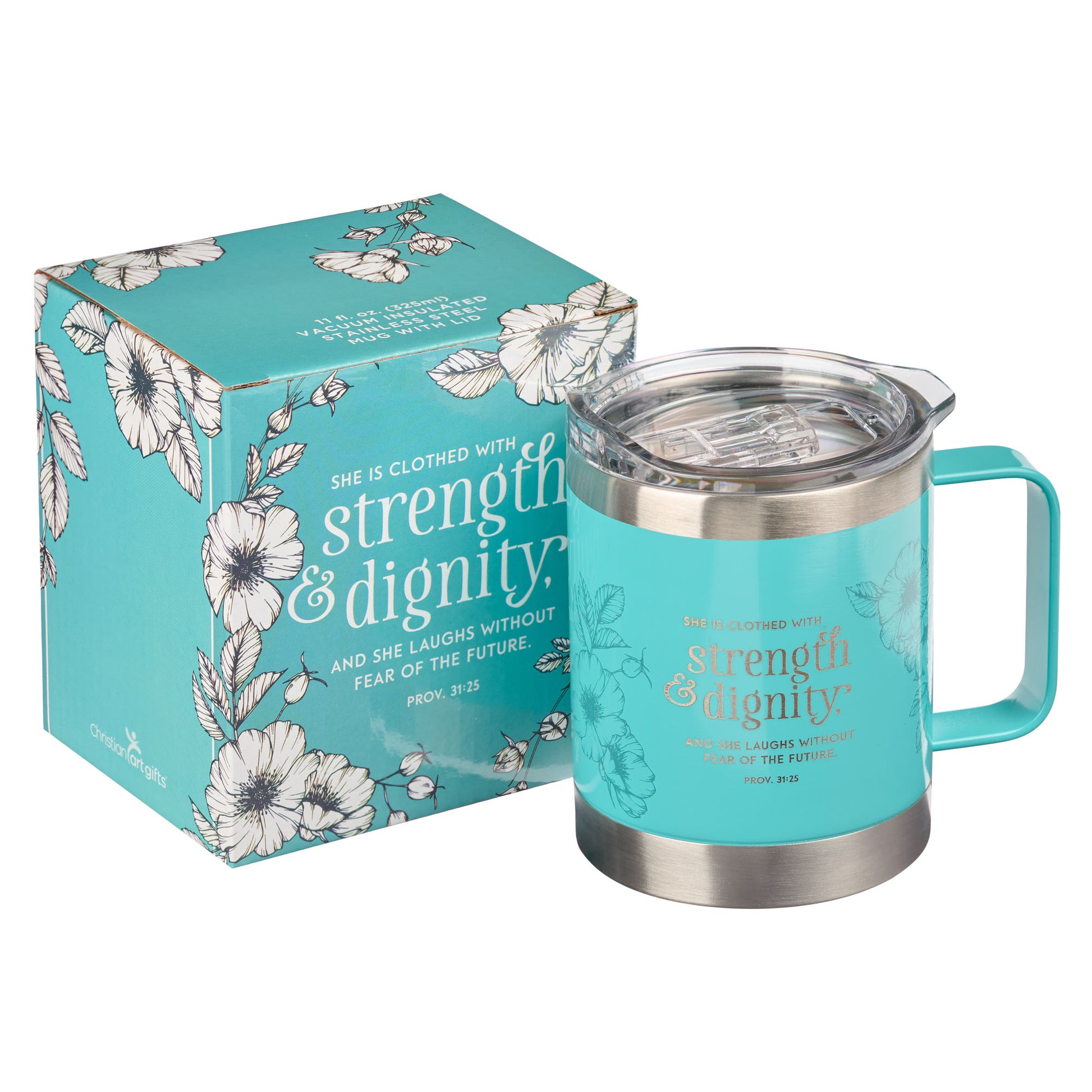 Strength & Dignity Teal Camp-style Stainless Steel Mug - Proverbs 31:25 - The Christian Gift Company