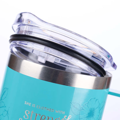 Strength & Dignity Teal Camp-style Stainless Steel Mug - Proverbs 31:25 - The Christian Gift Company