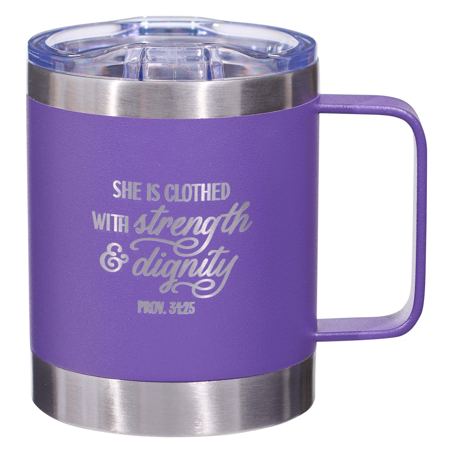 Strength & Dignity Purple Camp-style Stainless Steel Mug - Proverbs 31:25 - The Christian Gift Company