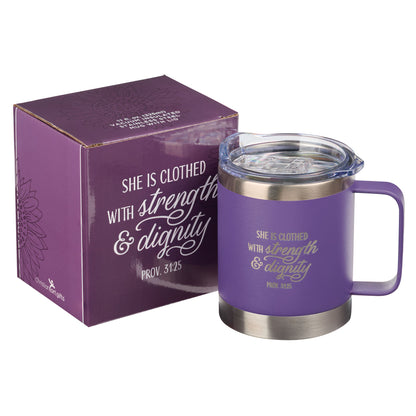 Strength & Dignity Purple Camp-style Stainless Steel Mug - Proverbs 31:25 - The Christian Gift Company