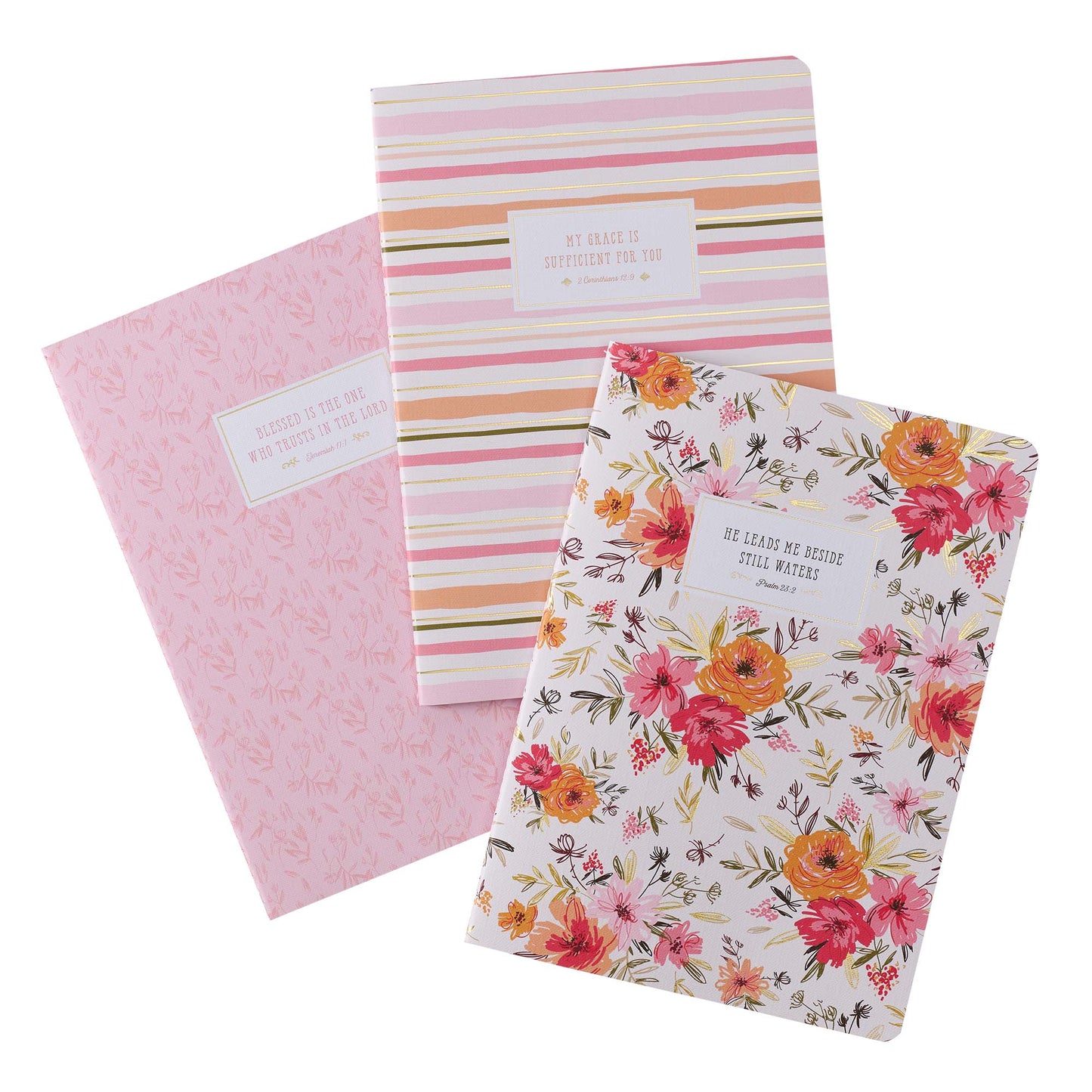 He Leads Me Pink Floral Large Notebook Set - Psalm 23:2 - The Christian Gift Company