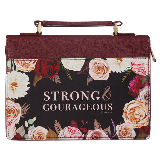 Strong and Courageous Merlot Bouquet Faux Leather Fashion Bible Cover – Joshua 1:9 - The Christian Gift Company