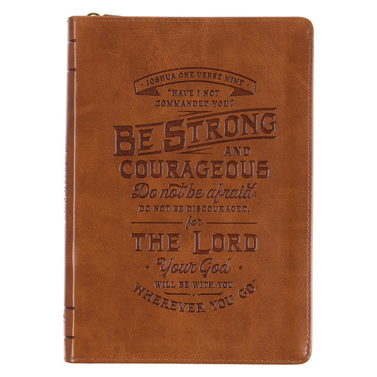 Be Strong Toffee Brown Faux Leather Classic Journal with Zippered Closure - Joshua 1:9 - The Christian Gift Company
