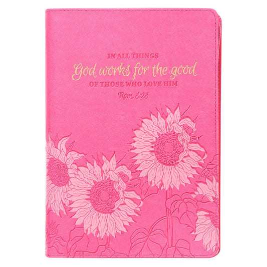 God Works For The Good Pink Sunflower Faux Leather Classic Journal with Zippered Closure - Romans 8:28 - The Christian Gift Company