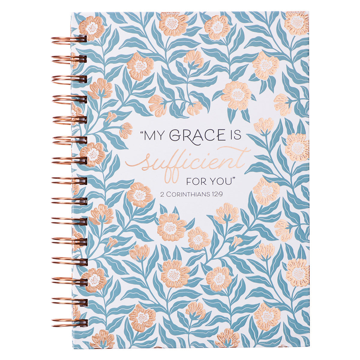 Sufficient Grace Teal Floral Large Wirebound Journal - 2 Corinthians 12:9 - The Christian Gift Company