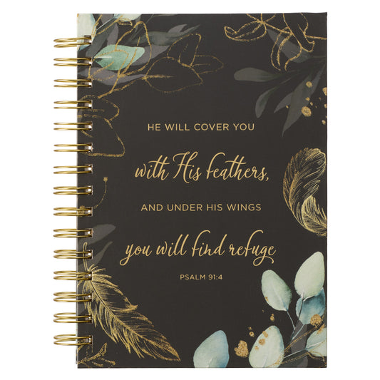 Find Refuge Black and Gold Feather Large Wirebound Journal - Psalm 91:4 - The Christian Gift Company