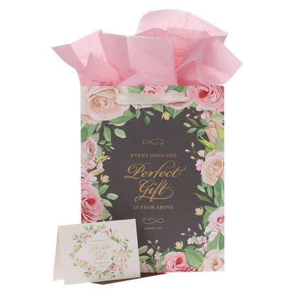 Perfect Gift Pink Rose Large Portrait Gift Bag with Card Set – James 1:17 - The Christian Gift Company