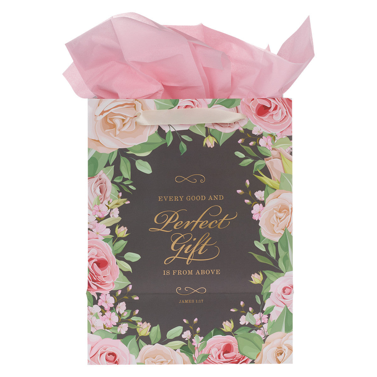 Perfect Gift Pink Rose Large Portrait Gift Bag with Card Set – James 1:17 - The Christian Gift Company