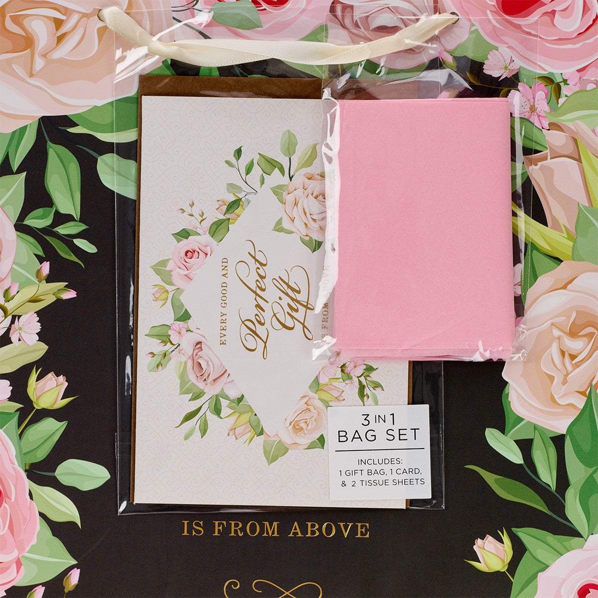 Perfect Gift Pink Rose Large Portrait Gift Bag with Card Set – James 1:17 - The Christian Gift Company