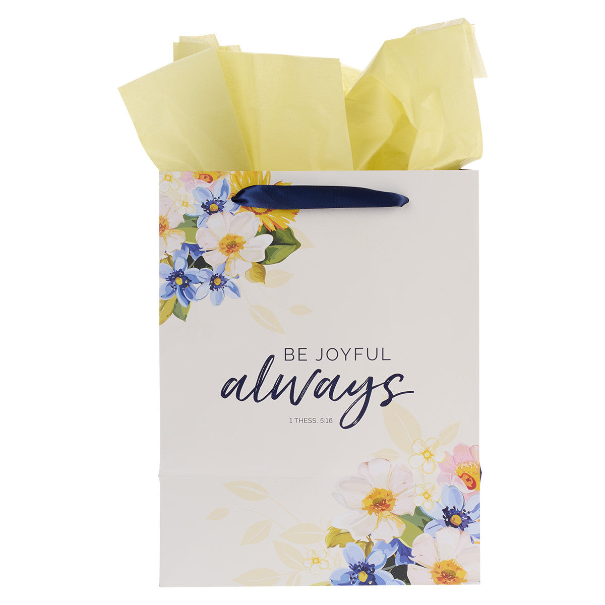 Be Joyful Always Yellow and Navy Blue Floral Portrait Gift Bag with Card Set – 1 Thessalonians 5:16 - The Christian Gift Company