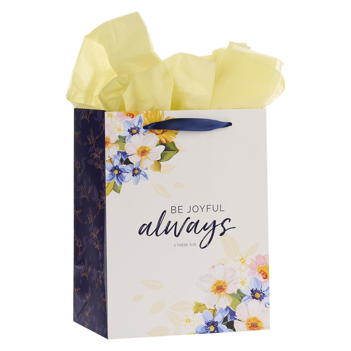 Be Joyful Always Yellow and Navy Blue Floral Portrait Gift Bag with Card Set – 1 Thessalonians 5:16 - The Christian Gift Company