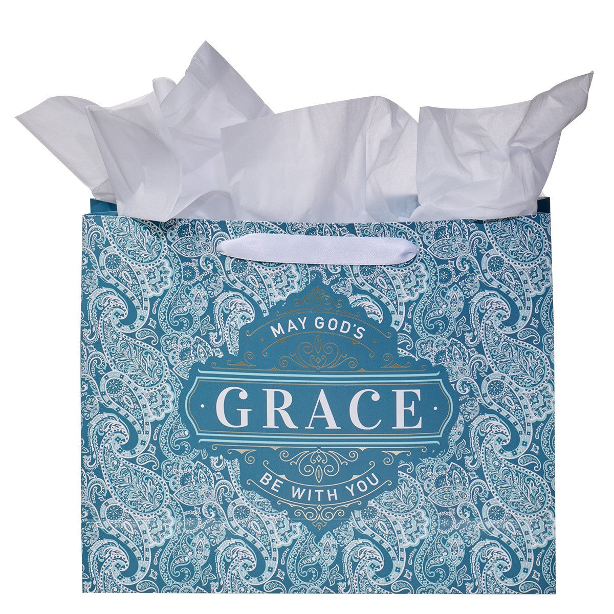 Teal Paisley God's Grace Large Landscape Gift Bag Set with Card - The Christian Gift Company
