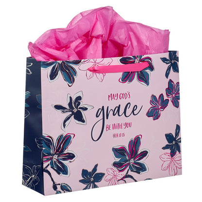 May God's Grace Be With You Blue Floral Large Landscape Gift Bag with Card - Hebrews 13:25 - The Christian Gift Company