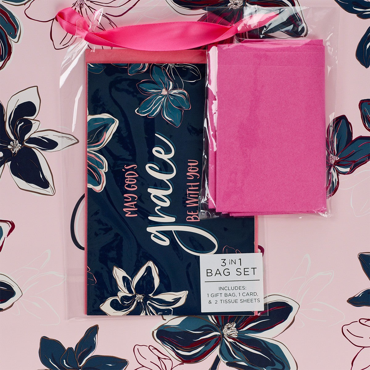 May God's Grace Be With You Blue Floral Large Landscape Gift Bag with Card - Hebrews 13:25 - The Christian Gift Company