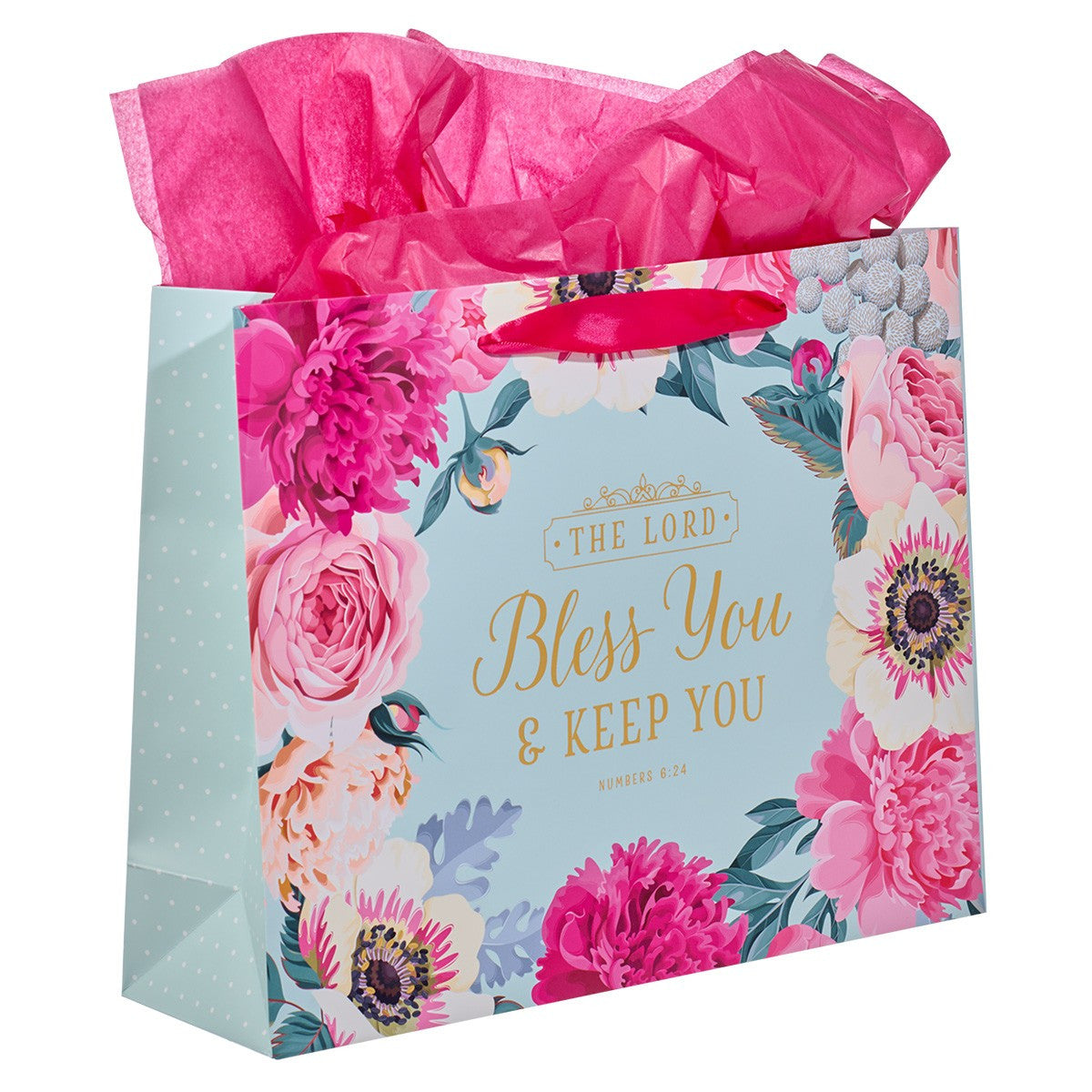 Bless You & Keep You Pink Floral Large Landscape Gift Bag with Card - Numbers 6:24 - The Christian Gift Company