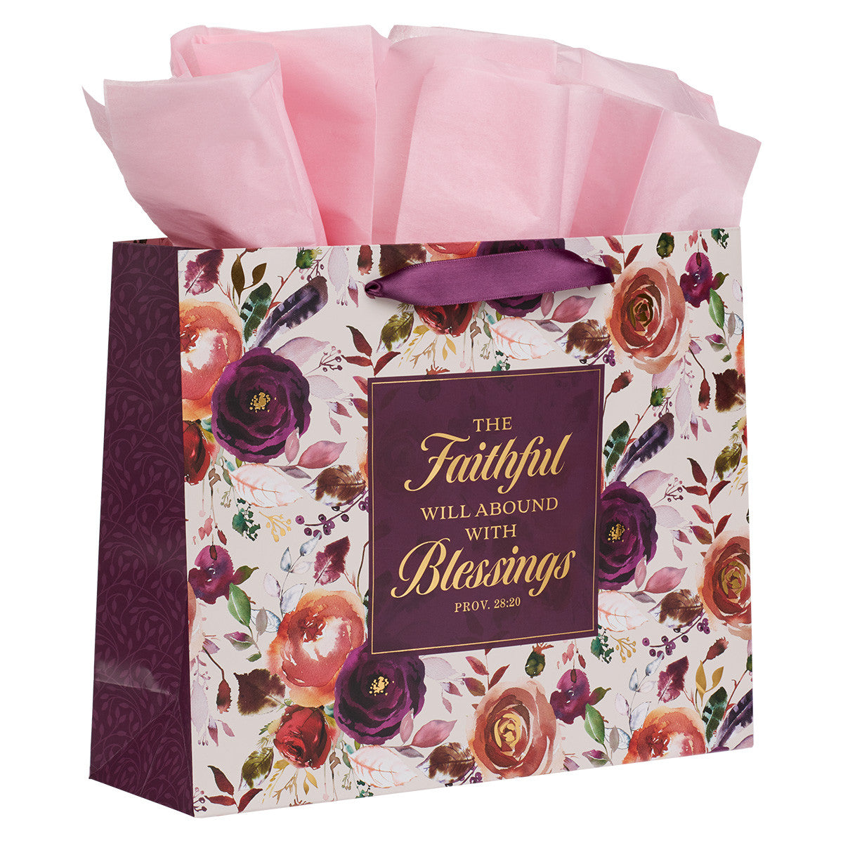 The Faithful Will Abound With Blessing Plum Rose Large Landscape Gift Bag Set with Card - Proverbs 28:20 - The Christian Gift Company