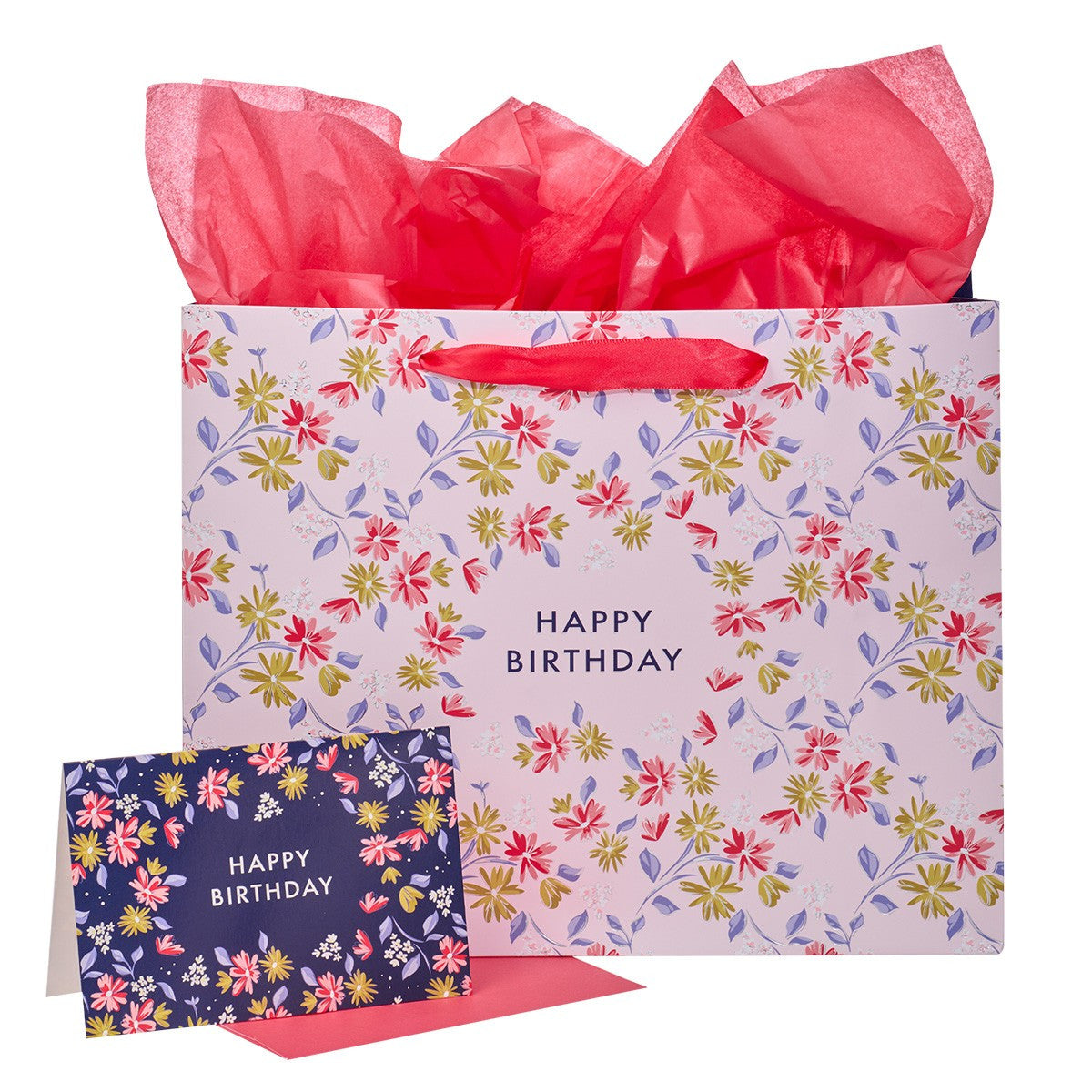 Happy Birthday Pink Flower Trellis Large Landscape Gift Bag Set with Card - The Christian Gift Company