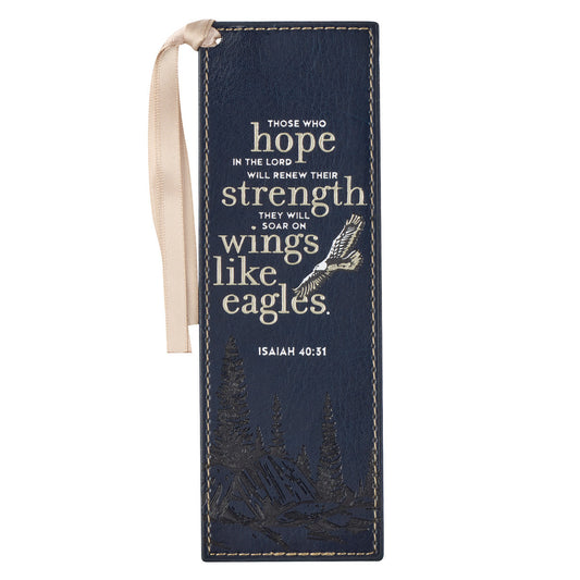 On Eagle's Wings Navy Blue Faux Leather Bookmark - Isaiah 40:31 - The Christian Gift Company