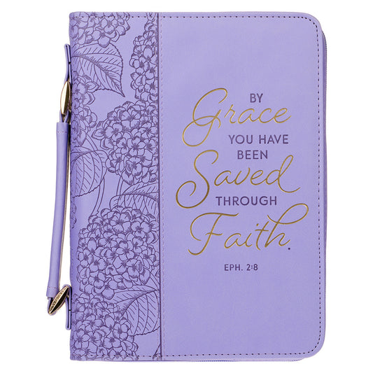 Saved by Grace Hydrangea Lavender Faux Leather Fashion Bible Cover - Ephesians 2:8 - The Christian Gift Company