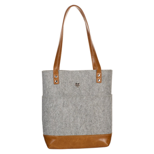 Silver Heart Heather Grey Felt and Toffee Brown Faux Leather Fashion Bible Tote Bag - The Christian Gift Company