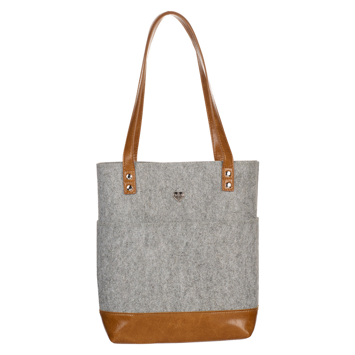 Silver Heart Heather Grey Felt and Toffee Brown Faux Leather Fashion Bible Tote Bag - The Christian Gift Company