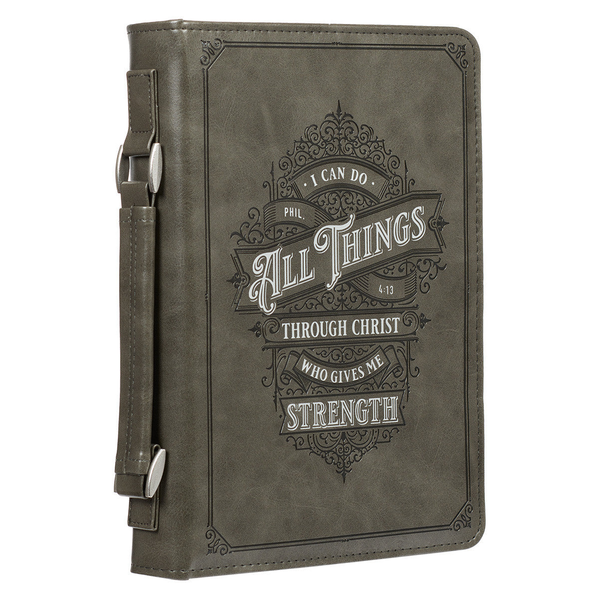 All Things Filigree Grey Faux Leather Classic Bible Cover - Philippians 4:13 - The Christian Gift Company