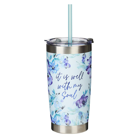 It Is Well With My Soul Purple Posies Stainless Steel Travel Mug with Reusable Straw - The Christian Gift Company