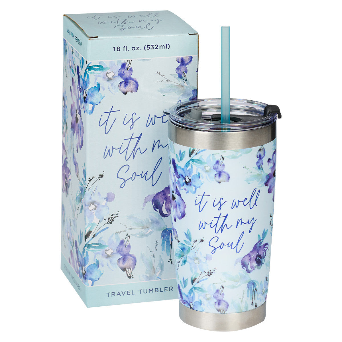 It Is Well With My Soul Purple Posies Stainless Steel Travel Mug with Reusable Straw - The Christian Gift Company