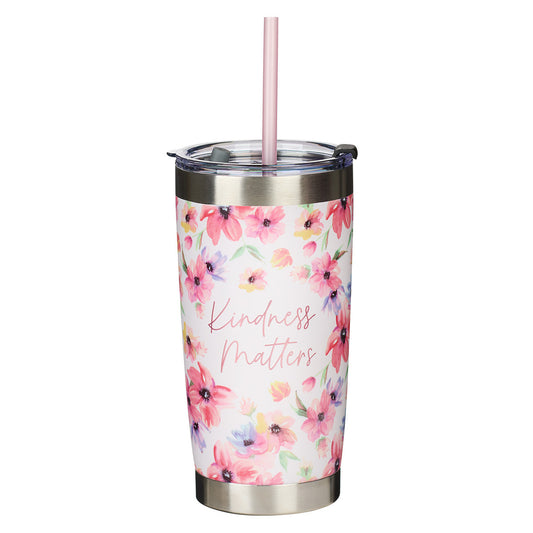 Kindness Matters Pink Cosmos Stainless Steel Travel Mug with Reusable Straw - The Christian Gift Company