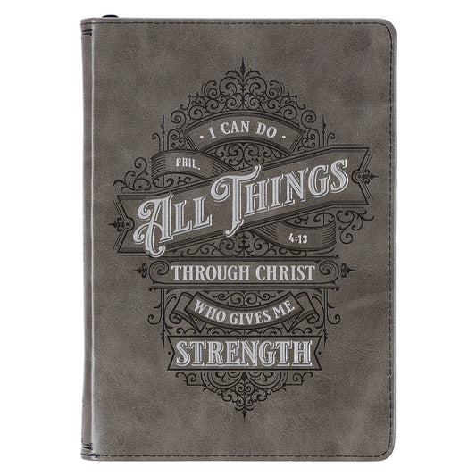 All Things Through Christ Grey Faux Leather Classic Journal with Zipper Closure - Philippians 4:13 - The Christian Gift Company