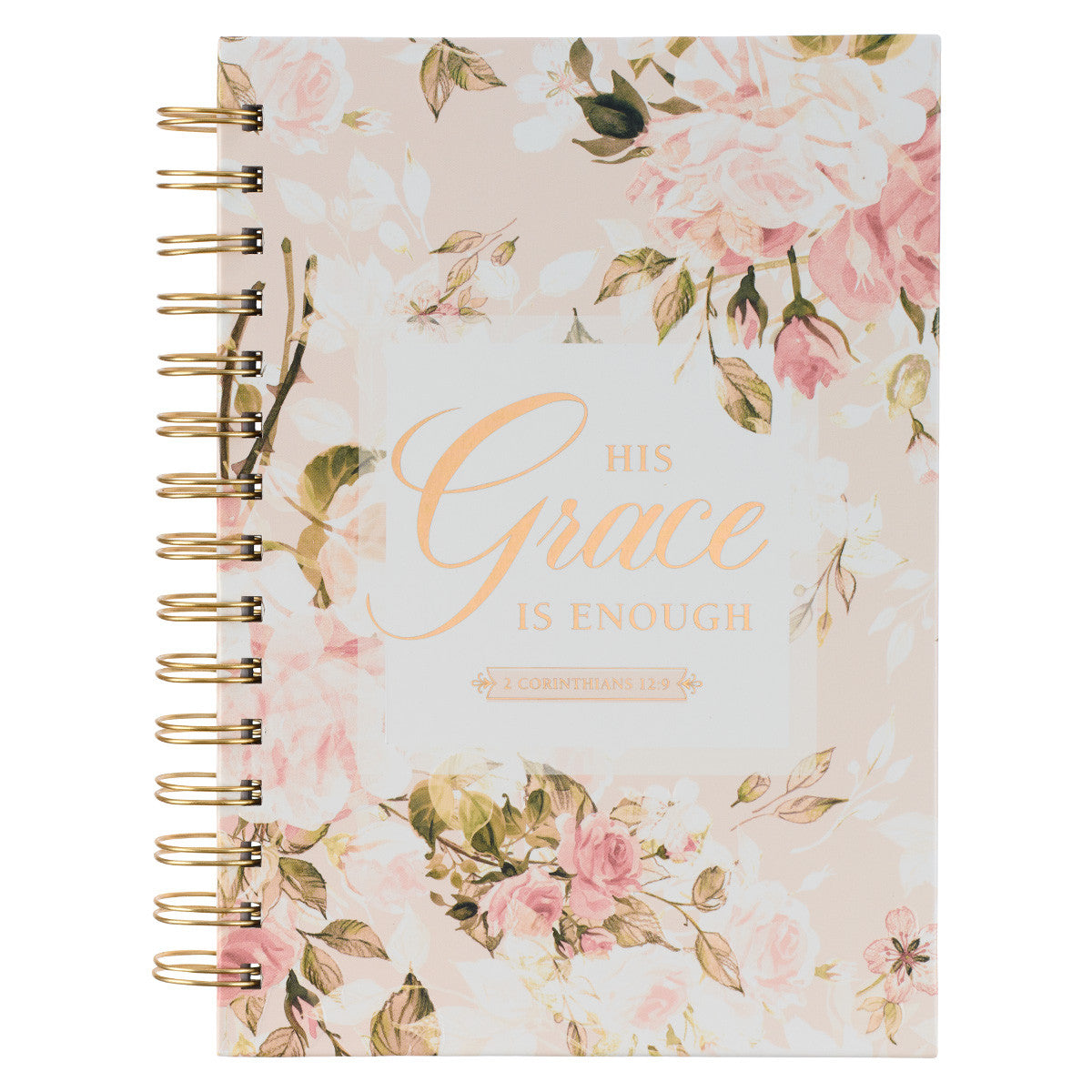 His Grace is Enough Blush Pink Floral Large Wirebound Journal - 2 Corinthians 12:9 - The Christian Gift Company