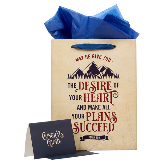 Desires of Your Heart Large Graduation Gift Bag with Card Set - Psalm 20:4 - The Christian Gift Company