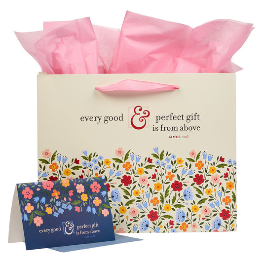 Every Good & Perfect Gift Peach Floral Large Landscape Gift Bag and Card Set - James 1:17 - The Christian Gift Company