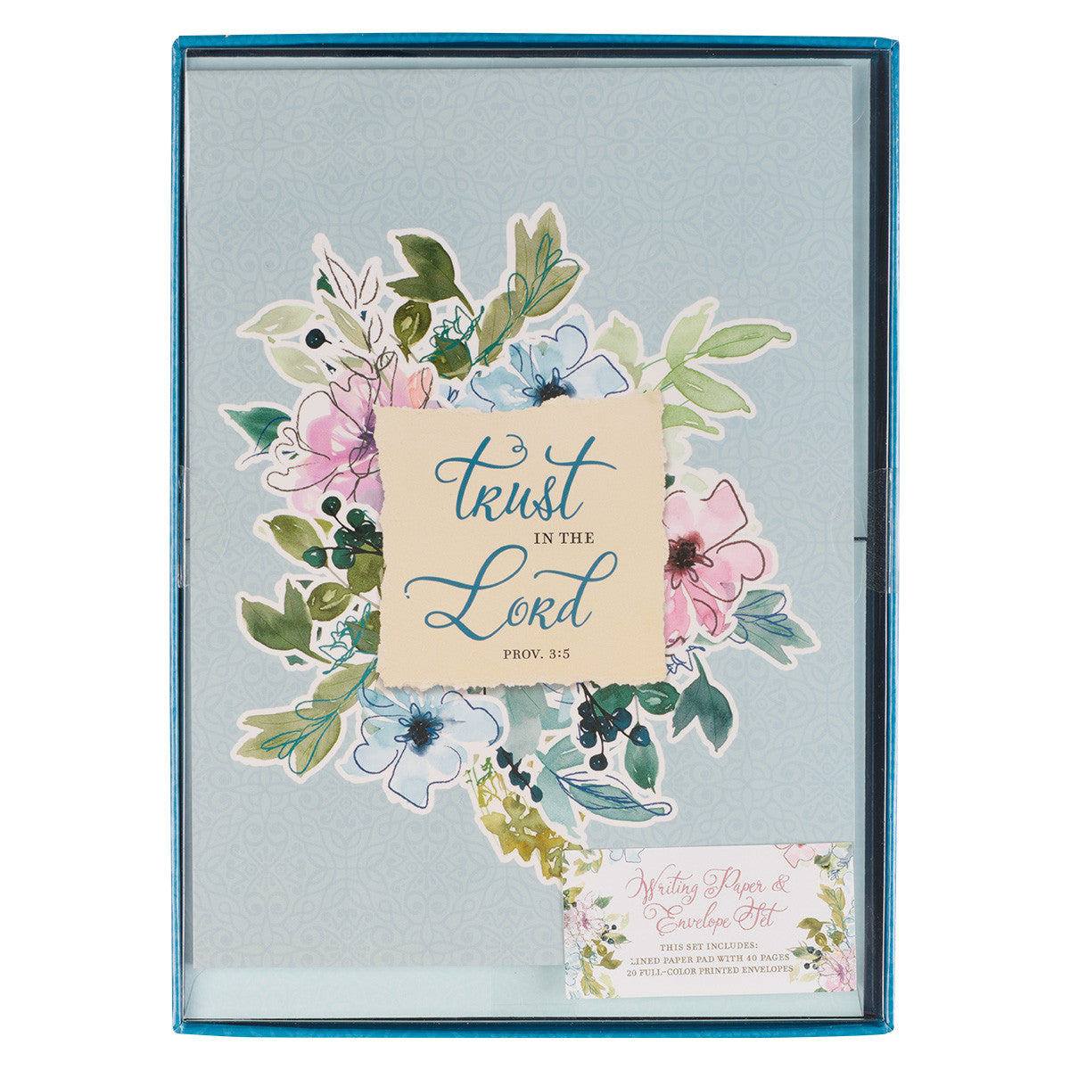 Trust in the Lord Blue Floral Writing Paper and Envelope Set - Proverbs 3:5 - The Christian Gift Company