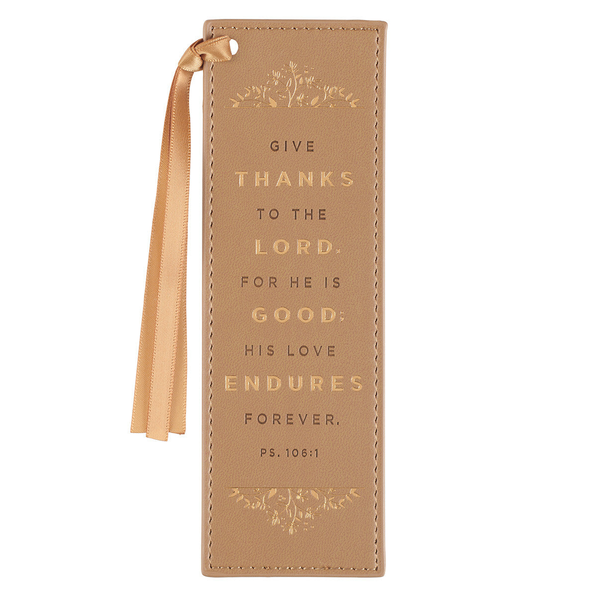Give Thanks Butterscotch Faux Leather Bookmark - Psalm 106:1 - The Christian Gift Company