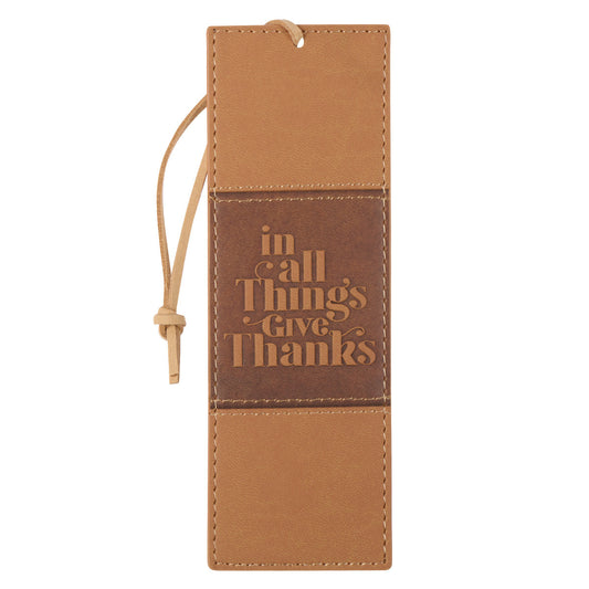 In All Things Give Thanks Tan Faux Leather Bookmark - The Christian Gift Company
