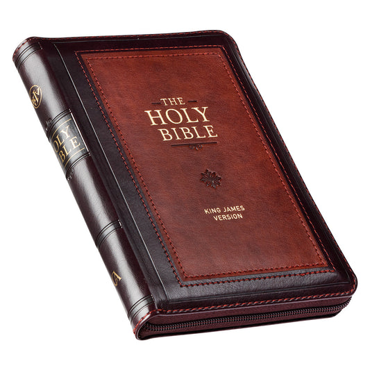 Burgundy and Saddle Tan Framed Faux Leather Compact King James Version Bible with Zippered Closure - The Christian Gift Company