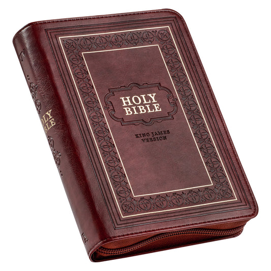 Framed Burgundy Faux Leather Large Print Compact King James Version Bible with Zippered Closure - The Christian Gift Company