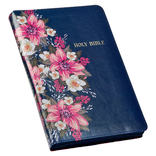 Floral Blue Faux Leather King James Version Deluxe Gift Bible with Thumb Index and Zippered Closure - The Christian Gift Company