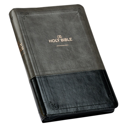 Grey and Black Faux Leather King James Version Deluxe Gift Bible with Thumb Index and Zippered Closure - The Christian Gift Company