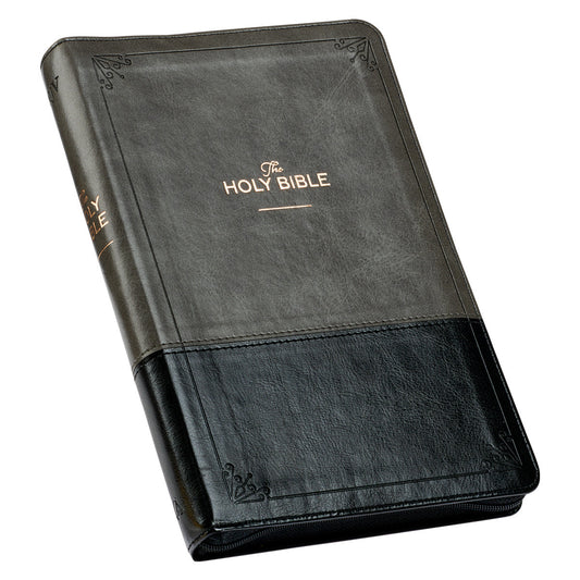 Grey and Black Faux Leather King James Version Deluxe Gift Bible with Thumb Index and Zippered Closure - The Christian Gift Company