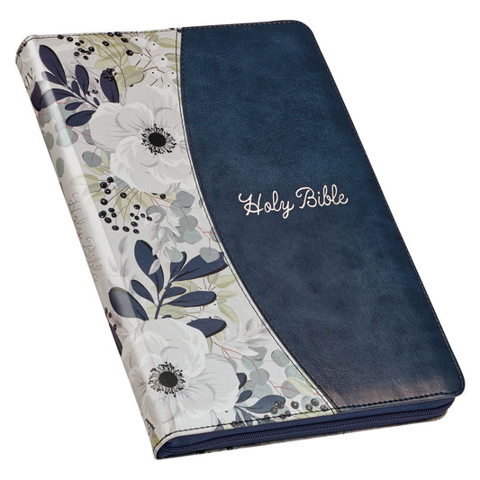 Blue Pearlized Floral Faux Leather Large Print Thinline K J V Bible with Zippered Closure and Thumb Index - The Christian Gift Company