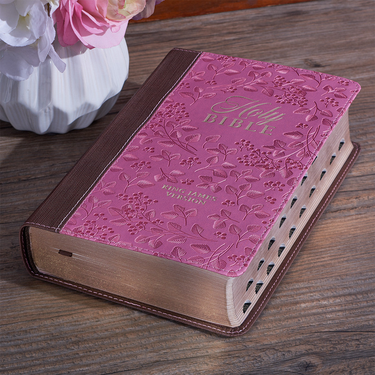 Brown and Berry Pink Faux Leather Giant Print Standard-size King James Version Bible with Thumb Index - The Christian Gift Company