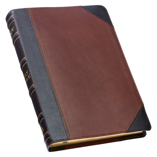 Mahogany and Saddle Tan Genuine Leather Large Print Thinline KJV Bible with Thumb Index - The Christian Gift Company
