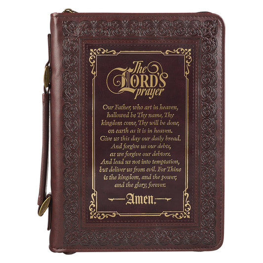 The LORD's Prayer Walnut and Burgundy Faux Leather Classic Bible Cover - Matthew 6: 9-13 - The Christian Gift Company