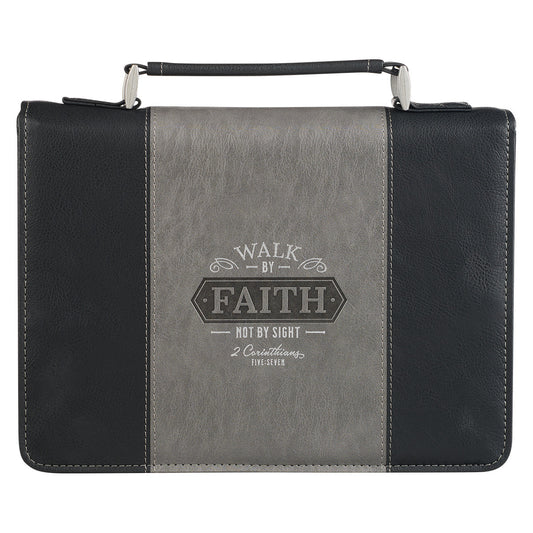 Walk by Faith Black and Grey Faux Leather Classic Bible Cover - 2 Corinthians 5:7 - The Christian Gift Company