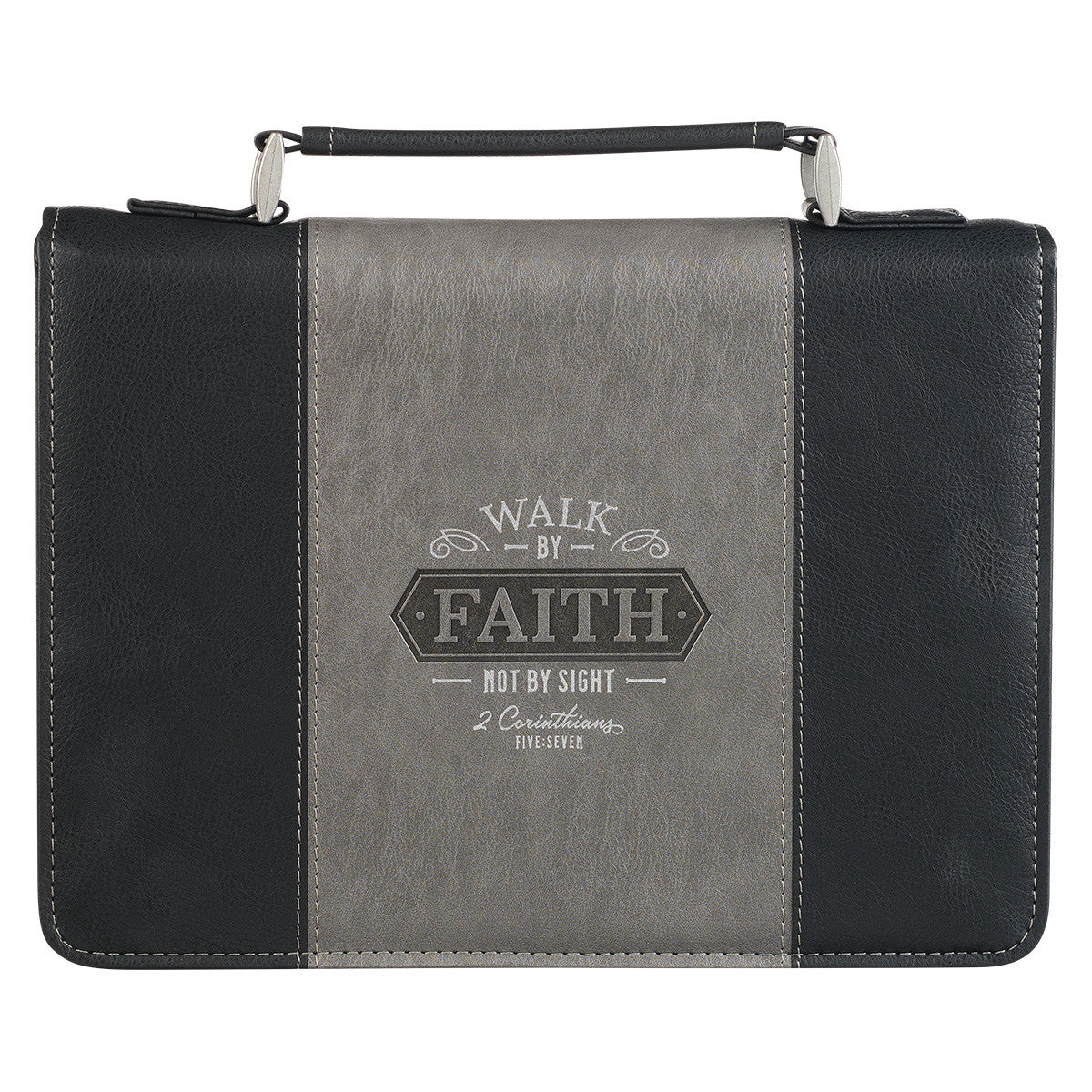 Walk by Faith Black and Grey Faux Leather Classic Bible Cover - 2 Corinthians 5:7 - The Christian Gift Company