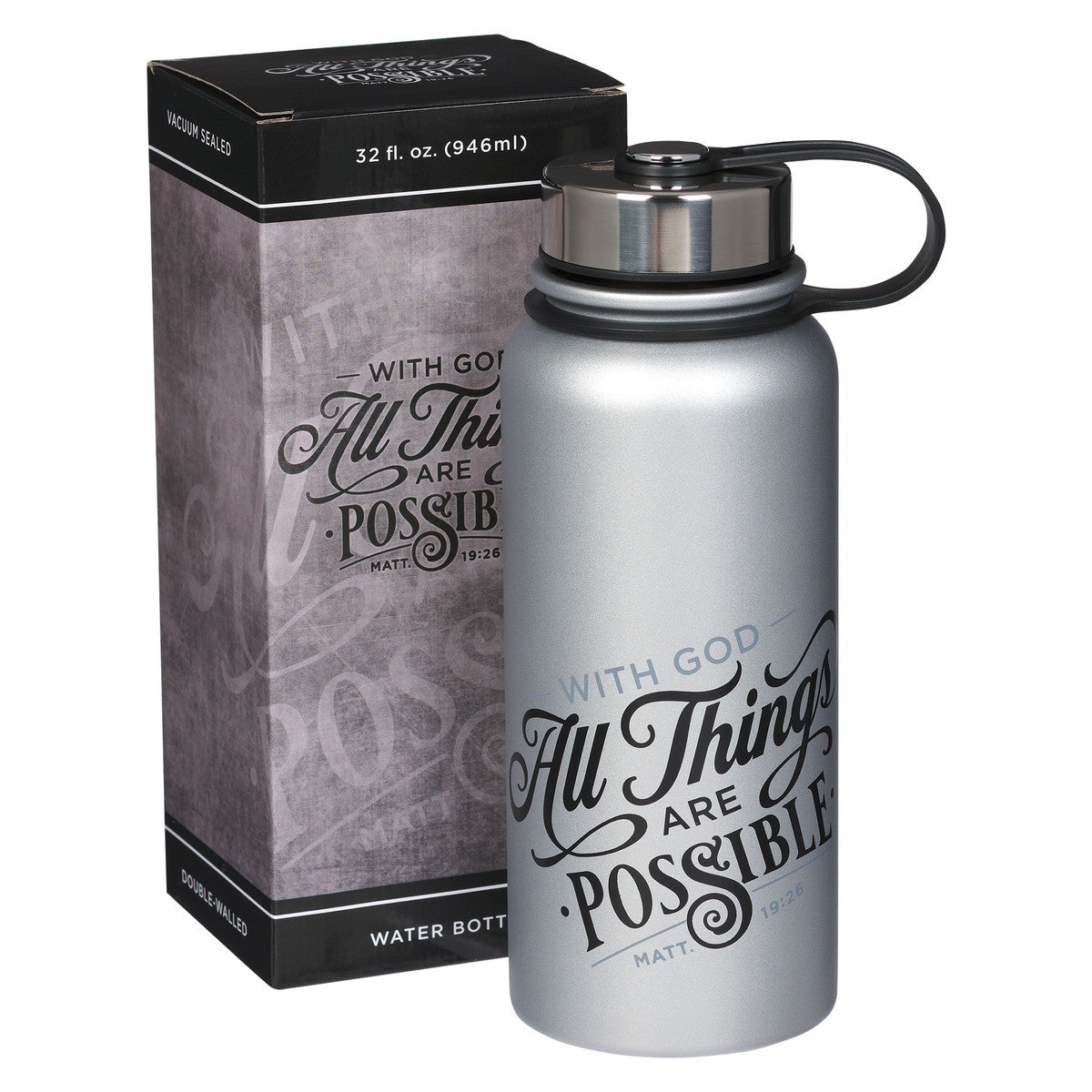 All Things Are Possible Silver Stainless Steel Water Bottle - Matthew 19:26 - The Christian Gift Company