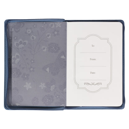 Be Still Floral Embroidered Blue Faux Leather Classic Journal with Zippered Closure - Psalm 46:10 - The Christian Gift Company